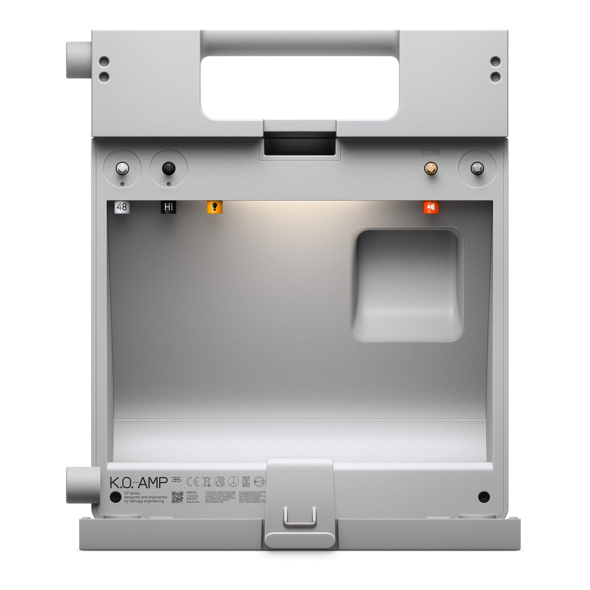 Teenage Engineering EP-35 K.O.-AMP, rear view with the storage compartment open and the camp light on