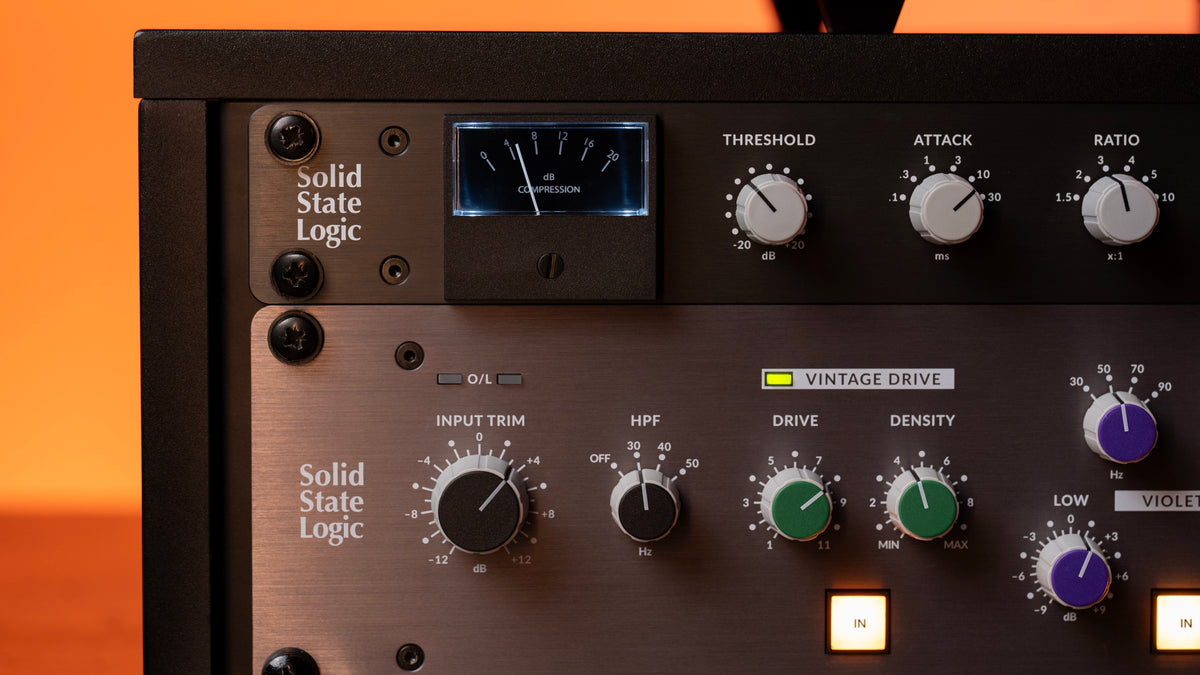 Close-up of the SSL Bus Comp Classic VU meter with Threshold, Attack and Ratio controls