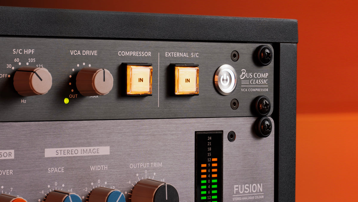 Close-up of the SSL Bus Comp Classic S/C HPF, VCA Drive, Compressor In and External S/C switches