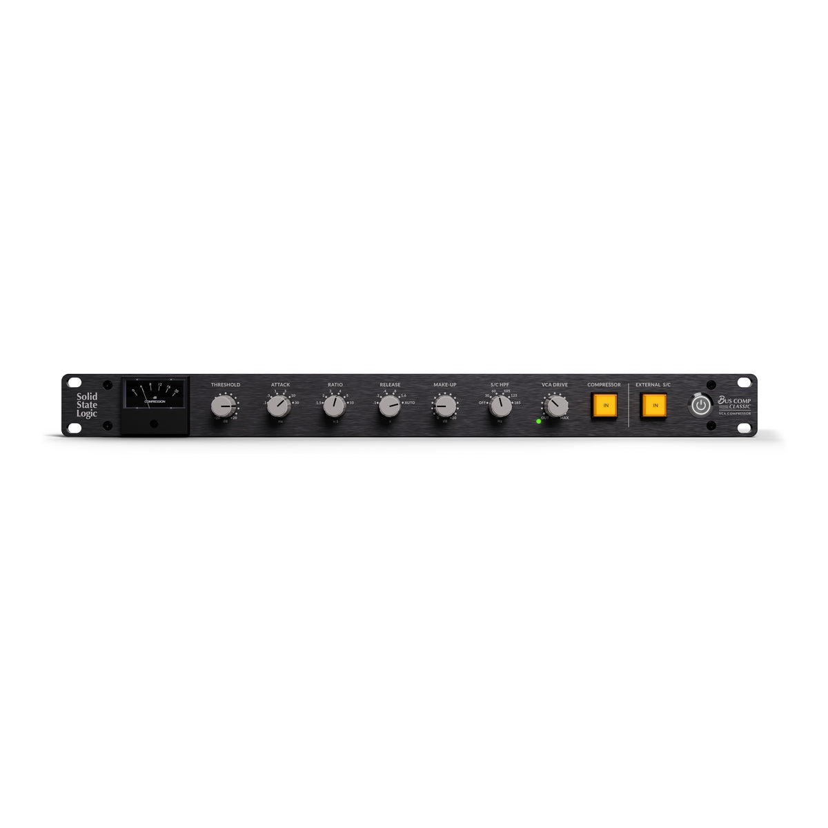 SSL Bus Comp Classic front panel with VU meter, stepped Attack, Ratio, Release and S/C HPF controls and VCA Drive